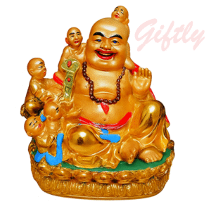 Golden Laughing Buddha idol with children – Giftly decor product placed on green grass background