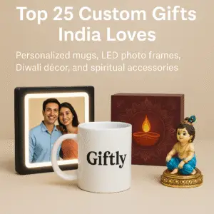 Giftly – Top 25 Custom Gifts India Loves: Personalized mugs, LED photo frames, Diwali décor, and spiritual accessories.”