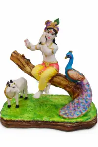 Bal Krishna idol sitting on tree with cow and peacock decorative statue