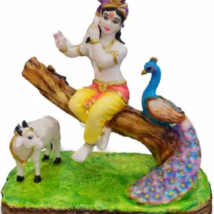 Bal Krishna idol sitting on tree with cow and peacock decorative statue