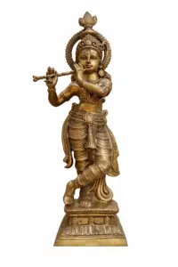Brass Lord Krishna idol playing flute in tribhanga pose, Murli Manohar statue for home temple and spiritual decor