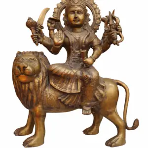 Brass Maa Durga idol seated on lion (Sherawali Mata), handcrafted Hindu goddess statue for home temple and spiritual decor