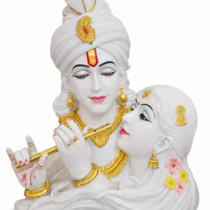 Radha Krishna idol marble finish with flute for home temple decor