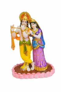 Radha Krishna idol with flute, colorful decorative couple statue for home temple and spiritual decor