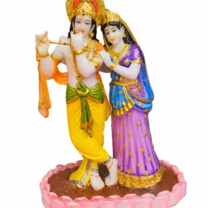Radha Krishna idol with flute, colorful decorative couple statue for home temple and spiritual decor