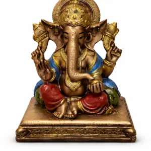 Lord Ganesha idol antique gold finish seated on decorative base for home temple and spiritual décor.